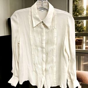 Womens Vintage Separates Ruffled Crinkle Lace Bell Sleeve Button Shirt Cream S